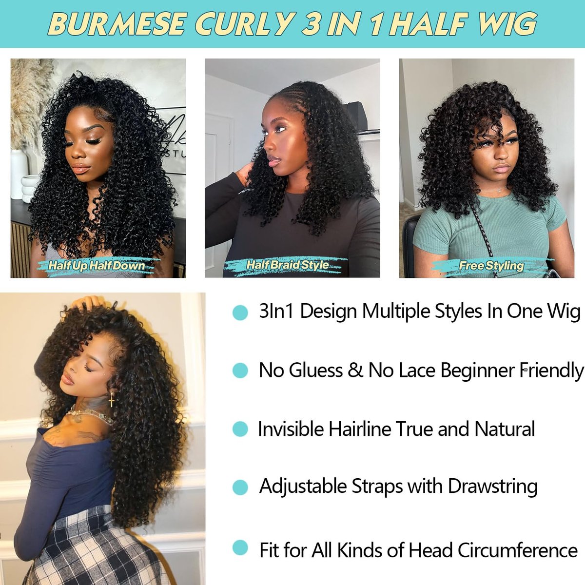 UMEGIRL 18 Inch Burmese Curly Half Wig Human Hair for Women - 250 Density 3-in-1 Seamless Flip Over Half Wig, Beginner Friendly Glueless Wig, Natural Color with Spiral End - görsel 3
