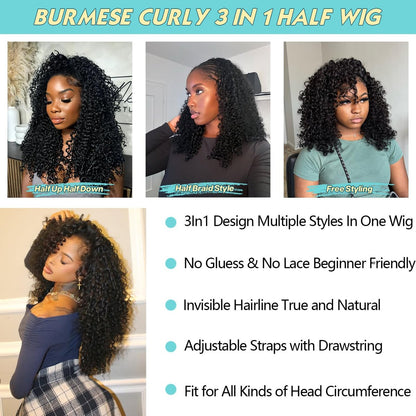UMEGIRL 18 Inch Burmese Curly Half Wig Human Hair for Women - 250 Density 3-in-1 Seamless Flip Over Half Wig, Beginner Friendly Glueless Wig, Natural Color with Spiral End