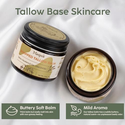 Mespok Beef Tallow for Skin - 100% Grass-Fed Tallow Balm with Organic Squalane & Oat Extract | Whipped Face & Body Moisturizer for Extremely Dry Skin, Non-Greasy, Clean Beauty, Unscented (1.5oz) Avelisse