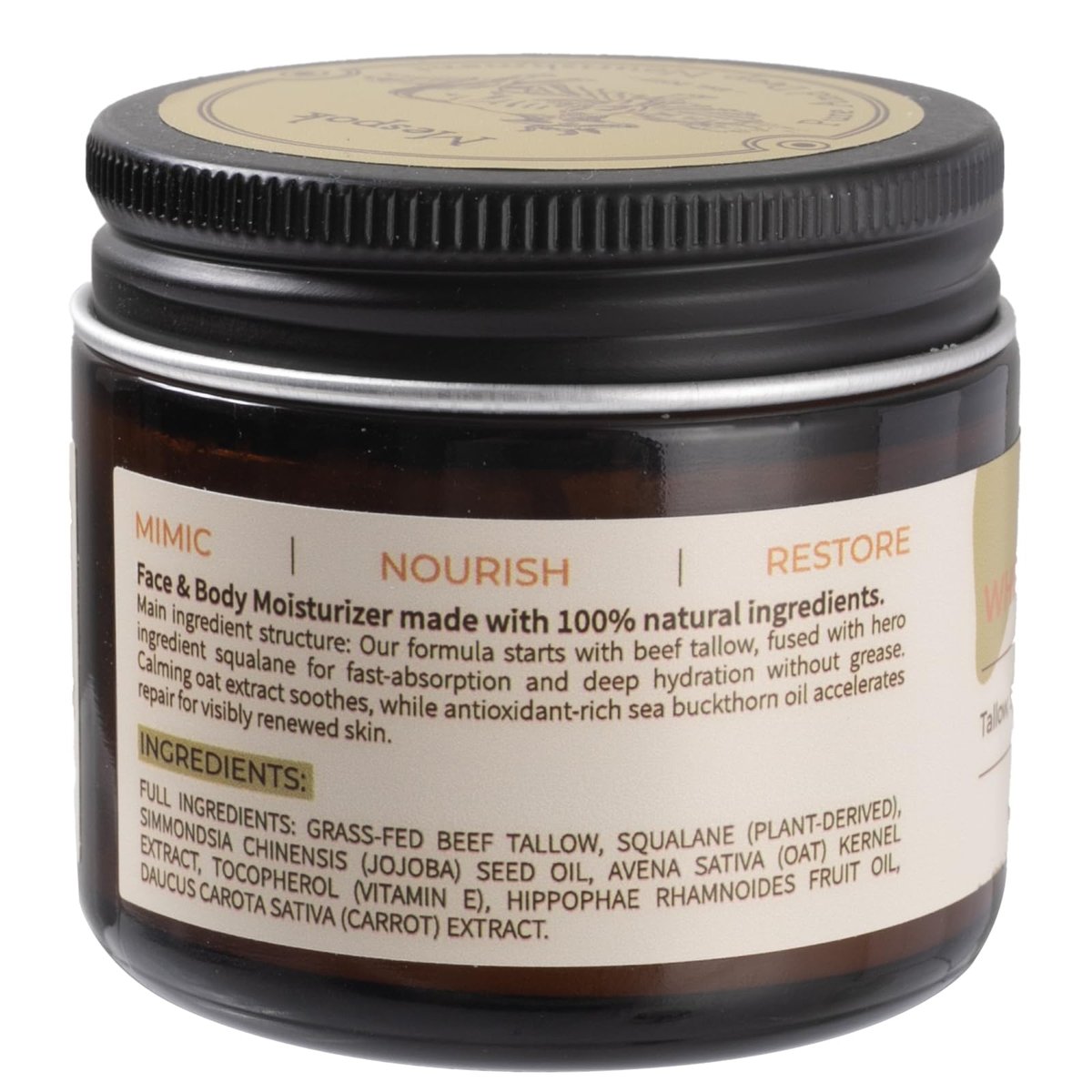 Mespok Beef Tallow for Skin - 100% Grass-Fed Tallow Balm with Organic Squalane & Oat Extract | Whipped Face & Body Moisturizer for Extremely Dry Skin, Non-Greasy, Clean Beauty, Unscented (1.5oz) Avelisse