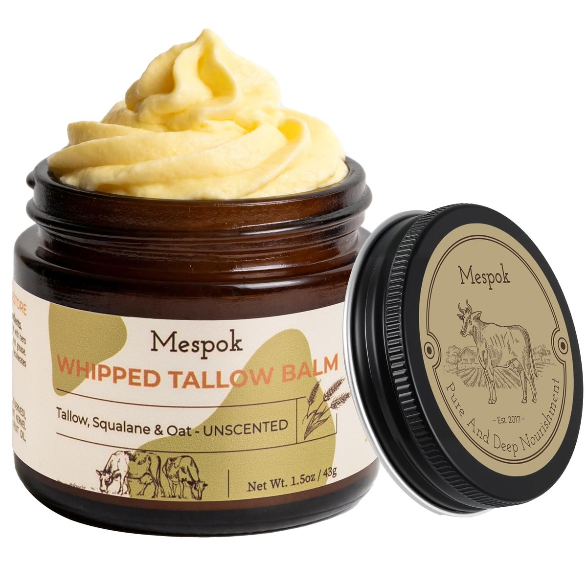 Mespok Beef Tallow for Skin - 100% Grass-Fed Tallow Balm with Organic Squalane & Oat Extract | Whipped Face & Body Moisturizer for Extremely Dry Skin, Non-Greasy, Clean Beauty, Unscented (1.5oz) Avelisse