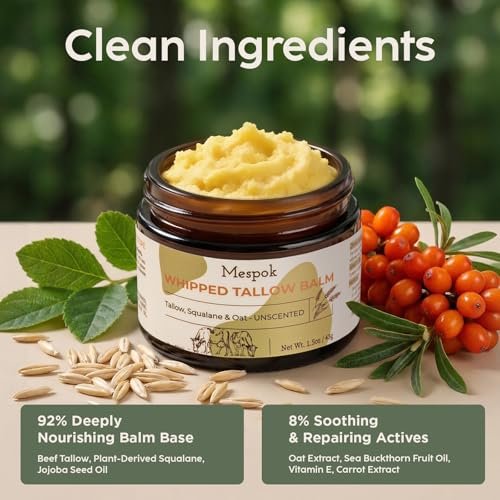 Mespok Beef Tallow for Skin - 100% Grass-Fed Tallow Balm with Organic Squalane & Oat Extract | Whipped Face & Body Moisturizer for Extremely Dry Skin, Non-Greasy, Clean Beauty, Unscented (1.5oz) Avelisse