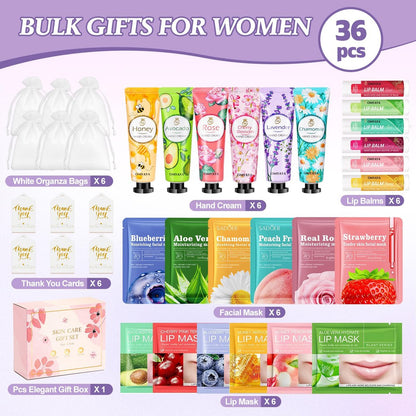 36 Pcs Bulk Gifts For Women - Spa Party Supplies with Facial Mask, Lip Balm, Hand Cream & Lip Mask - Mother's Day, Teacher Appreciation, Thank You Gifts & Party Favors