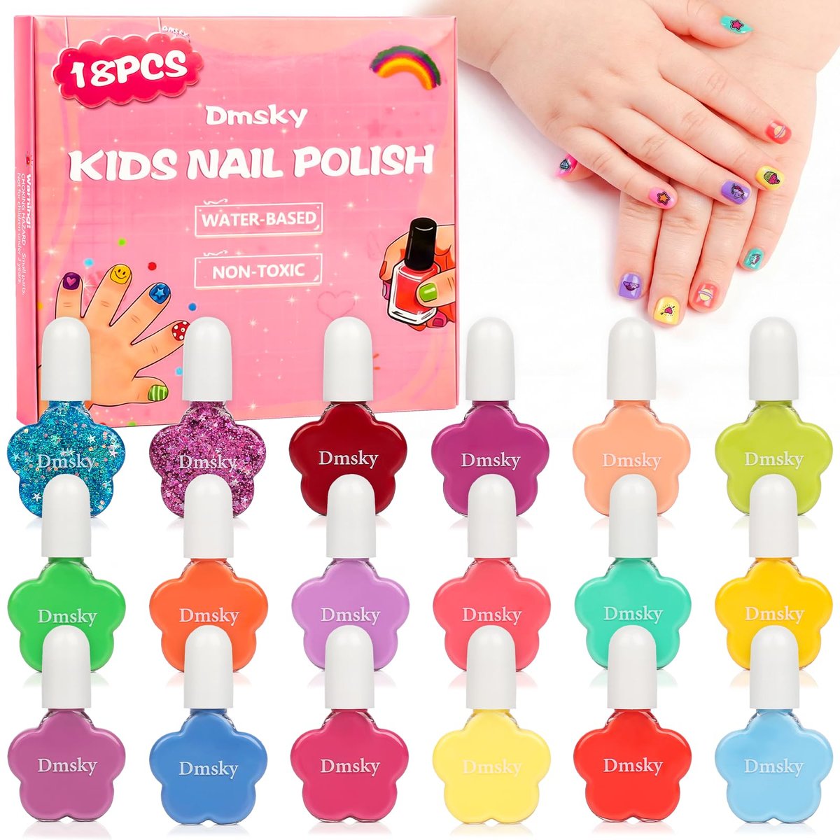 Dmsky Kids Nail Polish Set - 18 Colors Peelable Water-Based Quick Dry Non-Toxic Nail Polish Kit for Girls Ages 3+ DIY Nail Art, Great Gift for Birthday, Makeovers and School Rewards - görsel 1