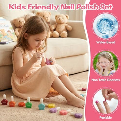 Dmsky Kids Nail Polish Set - 18 Colors Peelable Water-Based Quick Dry Non-Toxic Nail Polish Kit for Girls Ages 3+ DIY Nail Art, Great Gift for Birthday, Makeovers and School Rewards