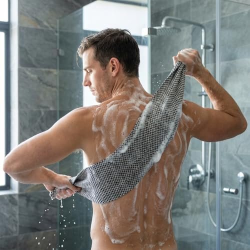 BLISSAL Exfoliating Shower Towel 47" – 2 Pack Premium Microfiber Body Scrub Towels, Dual-Sided Deep Exfoliating & Gentle Washcloth, Quick-Drying Body Back Scrubber for All Skin Types (Black & Pink) Avelisse