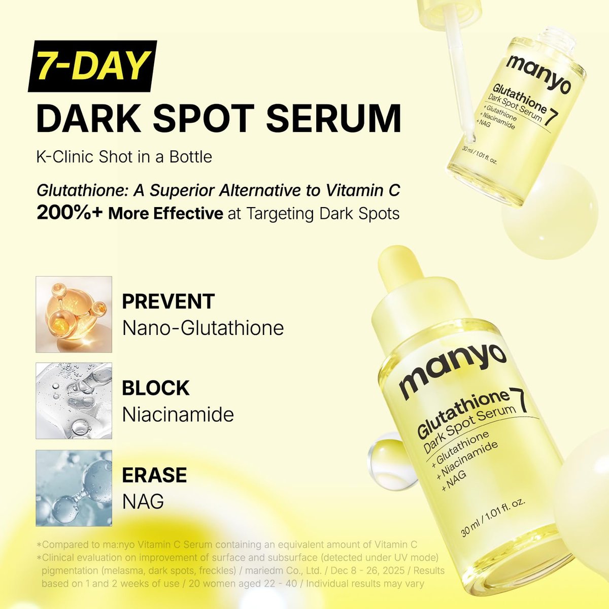 MANYO Glutathione 7 Dark Spot Serum - Niacinamide Serum for Uneven Skin Tone, Dark Spot Remover & Radiance Booster, Korean Skincare, 1.01 fl.oz (30ml) - görsel 7