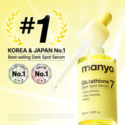 MANYO Glutathione 7 Dark Spot Serum - Niacinamide Serum for Uneven Skin Tone, Dark Spot Remover & Radiance Booster, Korean Skincare, 1.01 fl.oz (30ml)