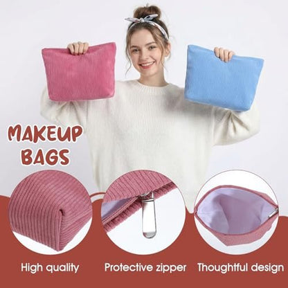 Caeuiciw 9 Pcs Corduroy Makeup Bags Set - Large Capacity Travel Toiletry Organizer Pouch for Women (9 Colors)