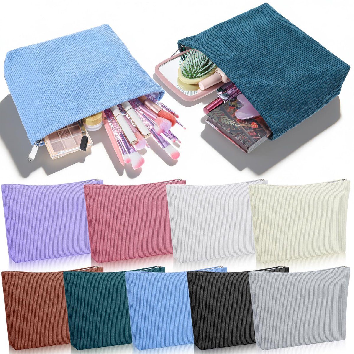 Caeuiciw 9 Pcs Corduroy Makeup Bags Set - Large Capacity Travel Toiletry Organizer Pouch for Women (9 Colors) - görsel 1