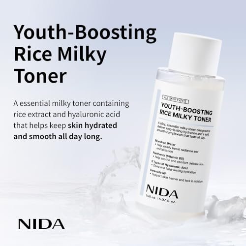 NIDA Youth-Boosting Rice Milky Toner – Glass Skin Hydrating Toner with Rice Bran Extract, Niacinamide, Ceramide NP & Panthenol | Deep Moisturizing Korean Skin Care, 5.07 fl oz (150ml) Avelisse
