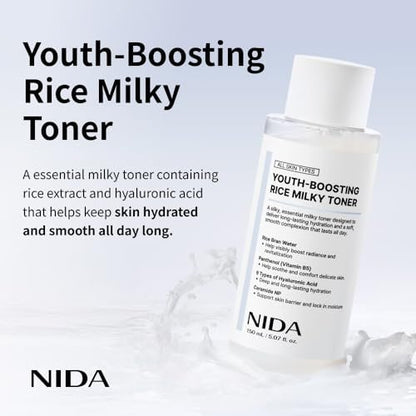 NIDA Youth-Boosting Rice Milky Toner – Glass Skin Hydrating Toner with Rice Bran Extract, Niacinamide, Ceramide NP & Panthenol | Deep Moisturizing Korean Skin Care, 5.07 fl oz (150ml) Avelisse