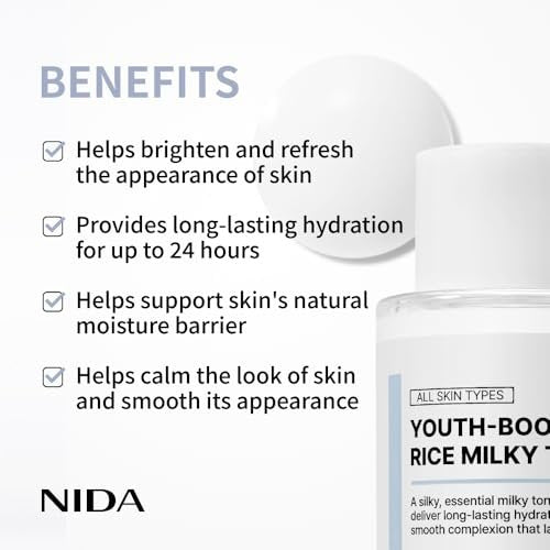 NIDA Youth-Boosting Rice Milky Toner – Glass Skin Hydrating Toner with Rice Bran Extract, Niacinamide, Ceramide NP & Panthenol | Deep Moisturizing Korean Skin Care, 5.07 fl oz (150ml) Avelisse