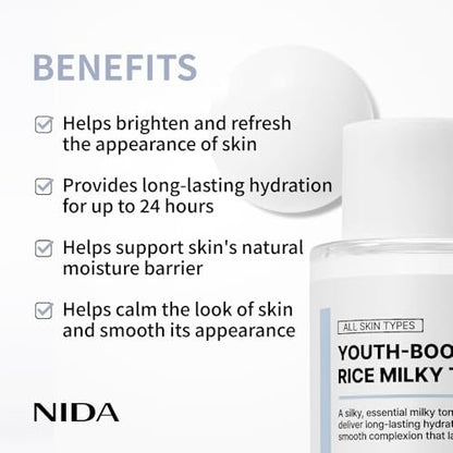 NIDA Youth-Boosting Rice Milky Toner – Glass Skin Hydrating Toner with Rice Bran Extract, Niacinamide, Ceramide NP & Panthenol | Deep Moisturizing Korean Skin Care, 5.07 fl oz (150ml) Avelisse