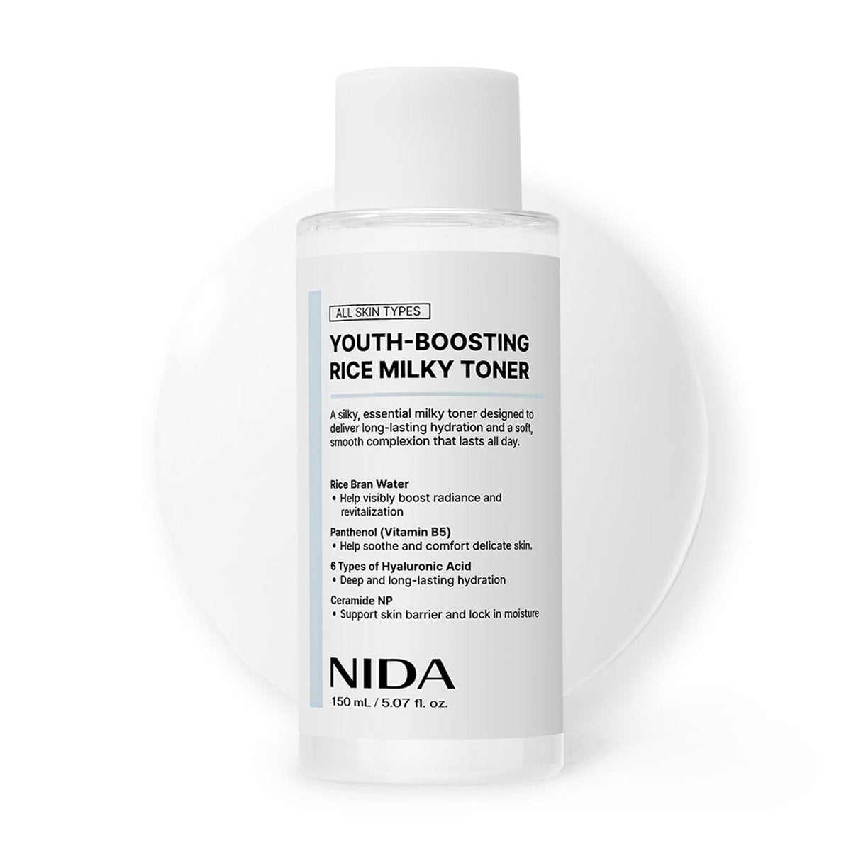 NIDA Youth-Boosting Rice Milky Toner – Glass Skin Hydrating Toner with Rice Bran Extract, Niacinamide, Ceramide NP & Panthenol | Deep Moisturizing Korean Skin Care, 5.07 fl oz (150ml) Avelisse