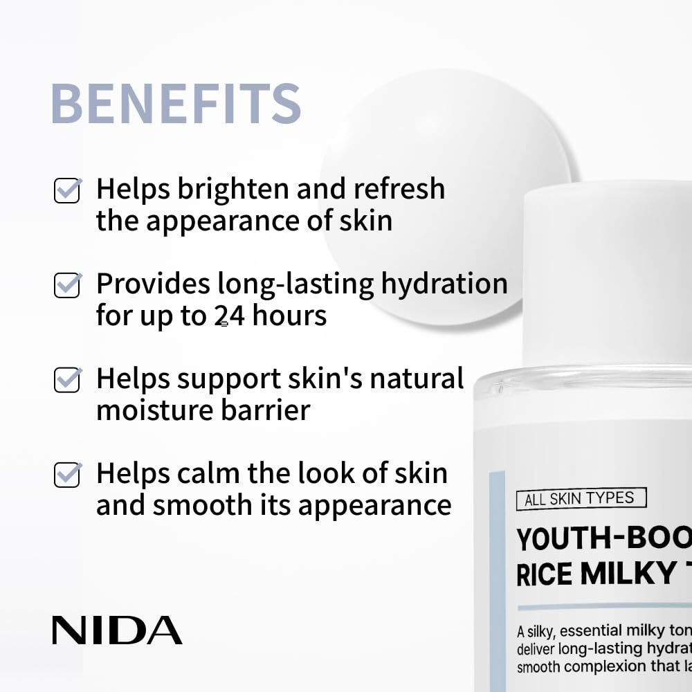 NIDA Youth-Boosting Rice Milky Toner – Glass Skin Hydrating Toner with Rice Bran Extract, Niacinamide, Ceramide NP & Panthenol | Deep Moisturizing Korean Skin Care, 5.07 fl oz (150ml) Avelisse