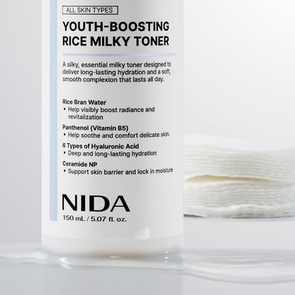 NIDA Youth-Boosting Rice Milky Toner – Glass Skin Hydrating Toner with Rice Bran Extract, Niacinamide, Ceramide NP & Panthenol | Deep Moisturizing Korean Skin Care, 5.07 fl oz (150ml) Avelisse