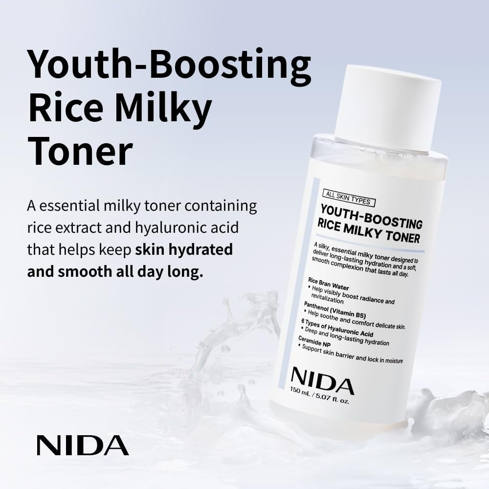 NIDA Youth-Boosting Rice Milky Toner – Glass Skin Hydrating Toner with Rice Bran Extract, Niacinamide, Ceramide NP & Panthenol | Deep Moisturizing Korean Skin Care, 5.07 fl oz (150ml) Avelisse