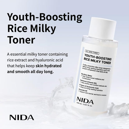 NIDA Youth-Boosting Rice Milky Toner – Glass Skin Hydrating Toner with Rice Bran Extract, Niacinamide, Ceramide NP & Panthenol | Deep Moisturizing Korean Skin Care, 5.07 fl oz (150ml) Avelisse