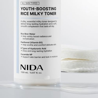 NIDA Youth-Boosting Rice Milky Toner – Glass Skin Hydrating Toner with Rice Bran Extract, Niacinamide, Ceramide NP & Panthenol | Deep Moisturizing Korean Skin Care, 5.07 fl oz (150ml) Avelisse