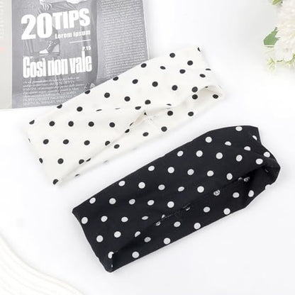 Doneace Polka Dot Headband 2-Pack – Non-Slip Elastic Head Wraps for Women and Men, Retro Black White Design