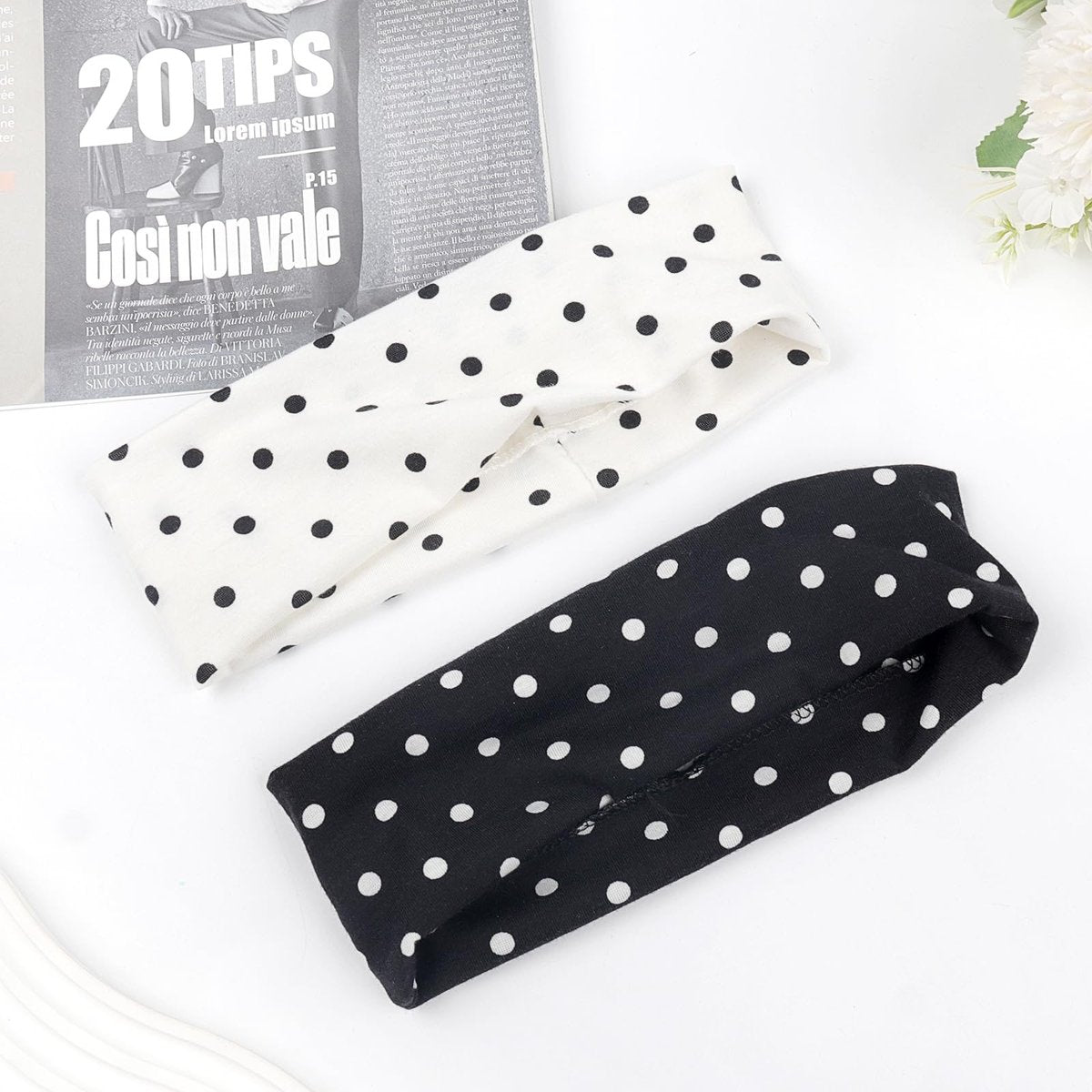 Doneace Polka Dot Headband 2-Pack – Non-Slip Elastic Head Wraps for Women and Men, Retro Black White Design - görsel 13