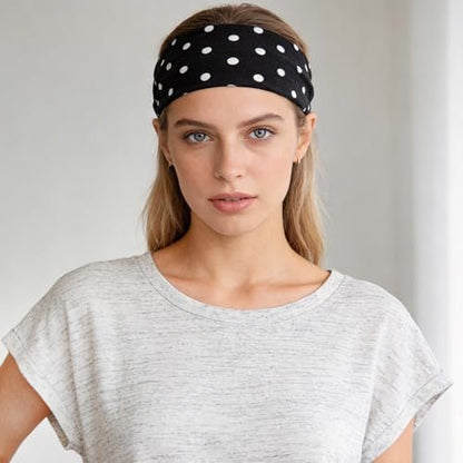 Doneace Polka Dot Headband 2-Pack – Non-Slip Elastic Head Wraps for Women and Men, Retro Black White Design