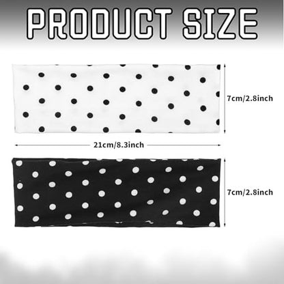 Doneace Polka Dot Headband 2-Pack – Non-Slip Elastic Head Wraps for Women and Men, Retro Black White Design