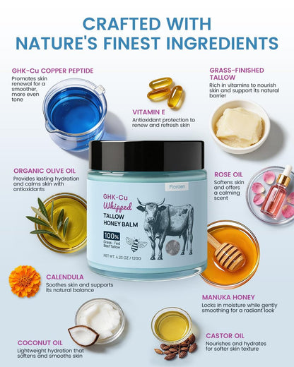 Fioraen 25,000ppm GHK-Cu Copper Peptides Whipped Beef Tallow for Skin – Grass Fed Tallow and Honey Balm with Manuka Honey & Vitamin E, High Potency Anti Aging Face Moisturizer for Firming & Repair 4oz Avelisse