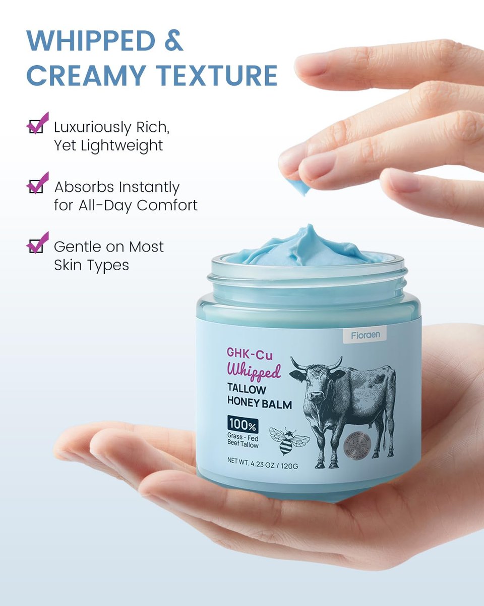 Fioraen 25,000ppm GHK-Cu Copper Peptides Whipped Beef Tallow for Skin – Grass Fed Tallow and Honey Balm with Manuka Honey & Vitamin E, High Potency Anti Aging Face Moisturizer for Firming & Repair 4oz Avelisse