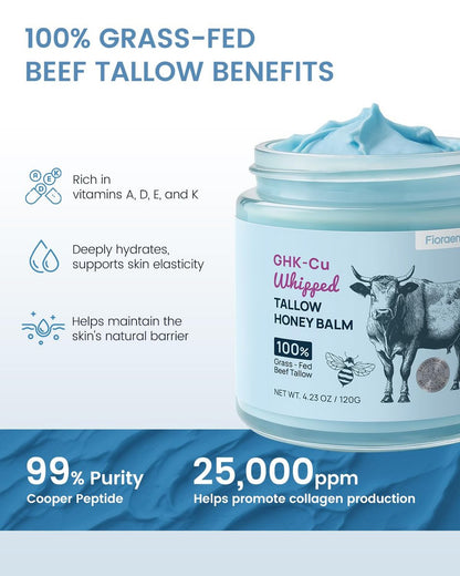 Fioraen 25,000ppm GHK-Cu Copper Peptides Whipped Beef Tallow for Skin – Grass Fed Tallow and Honey Balm with Manuka Honey & Vitamin E, High Potency Anti Aging Face Moisturizer for Firming & Repair 4oz Avelisse