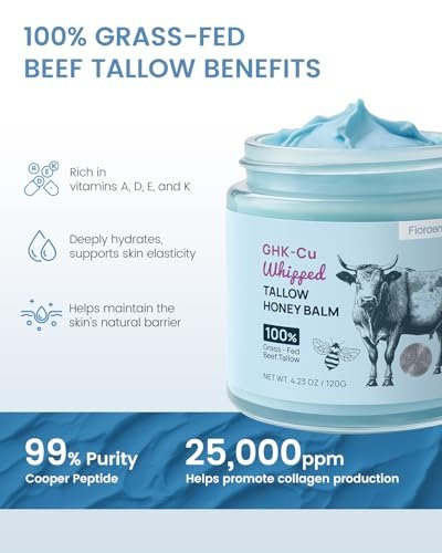 Fioraen 25,000ppm GHK-Cu Copper Peptides Whipped Beef Tallow for Skin – Grass Fed Tallow and Honey Balm with Manuka Honey & Vitamin E, High Potency Anti Aging Face Moisturizer for Firming & Repair 4oz Avelisse
