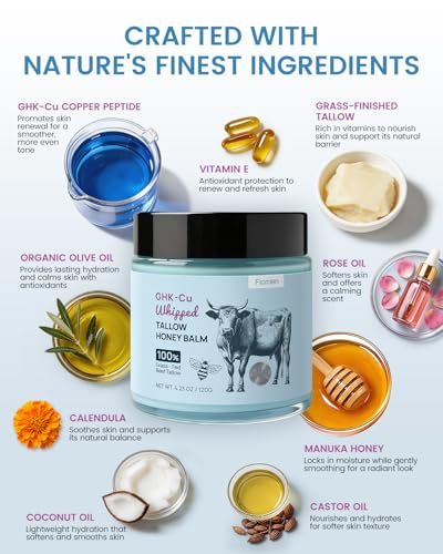 Fioraen 25,000ppm GHK-Cu Copper Peptides Whipped Beef Tallow for Skin – Grass Fed Tallow and Honey Balm with Manuka Honey & Vitamin E, High Potency Anti Aging Face Moisturizer for Firming & Repair 4oz Avelisse