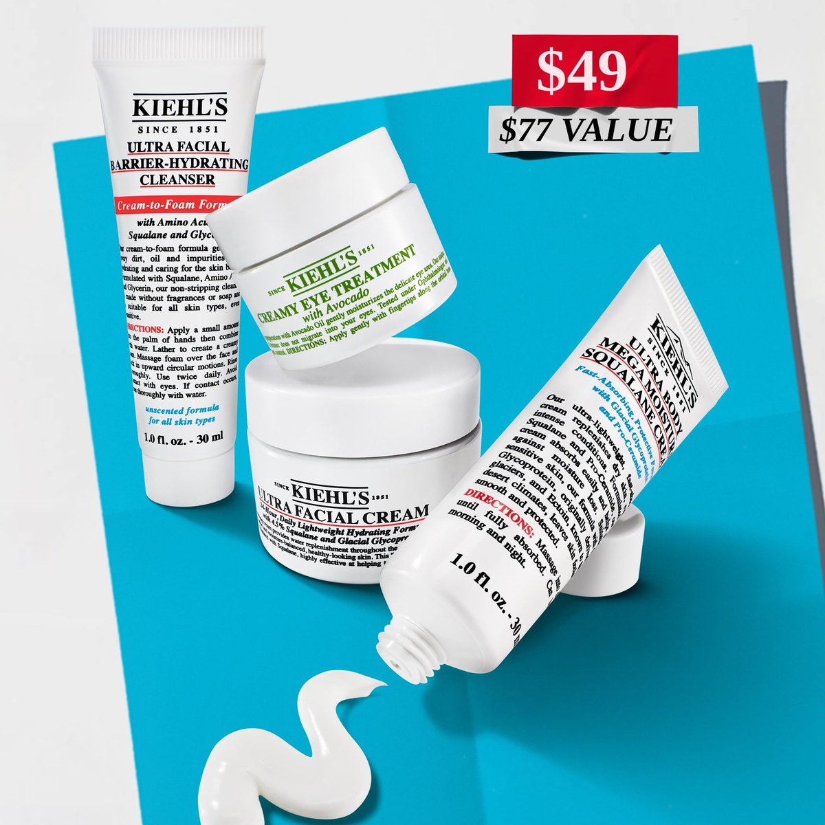 Kiehl's Travel Size Skincare Routine Gift Set - $77 Value, TSA Approved Mini Face Wash, Moisturizer, Eye Cream & Body Lotion for All Skin Types Avelisse