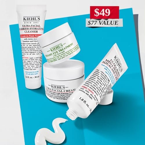 Kiehl's Travel Size Skincare Routine Gift Set - $77 Value, TSA Approved Mini Face Wash, Moisturizer, Eye Cream & Body Lotion for All Skin Types Avelisse