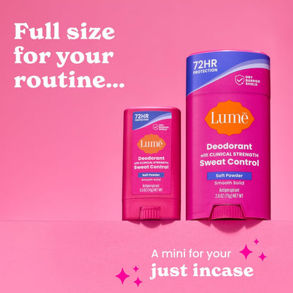 Lume Deodorant Plus Sweat Control Extra Strength Antiperspirant for Women - Smooth Solid Stick, Baking Soda Free, Soft Powder, 72 Hour Odor & Sweat Control (2 Pack, 1.55 oz each)