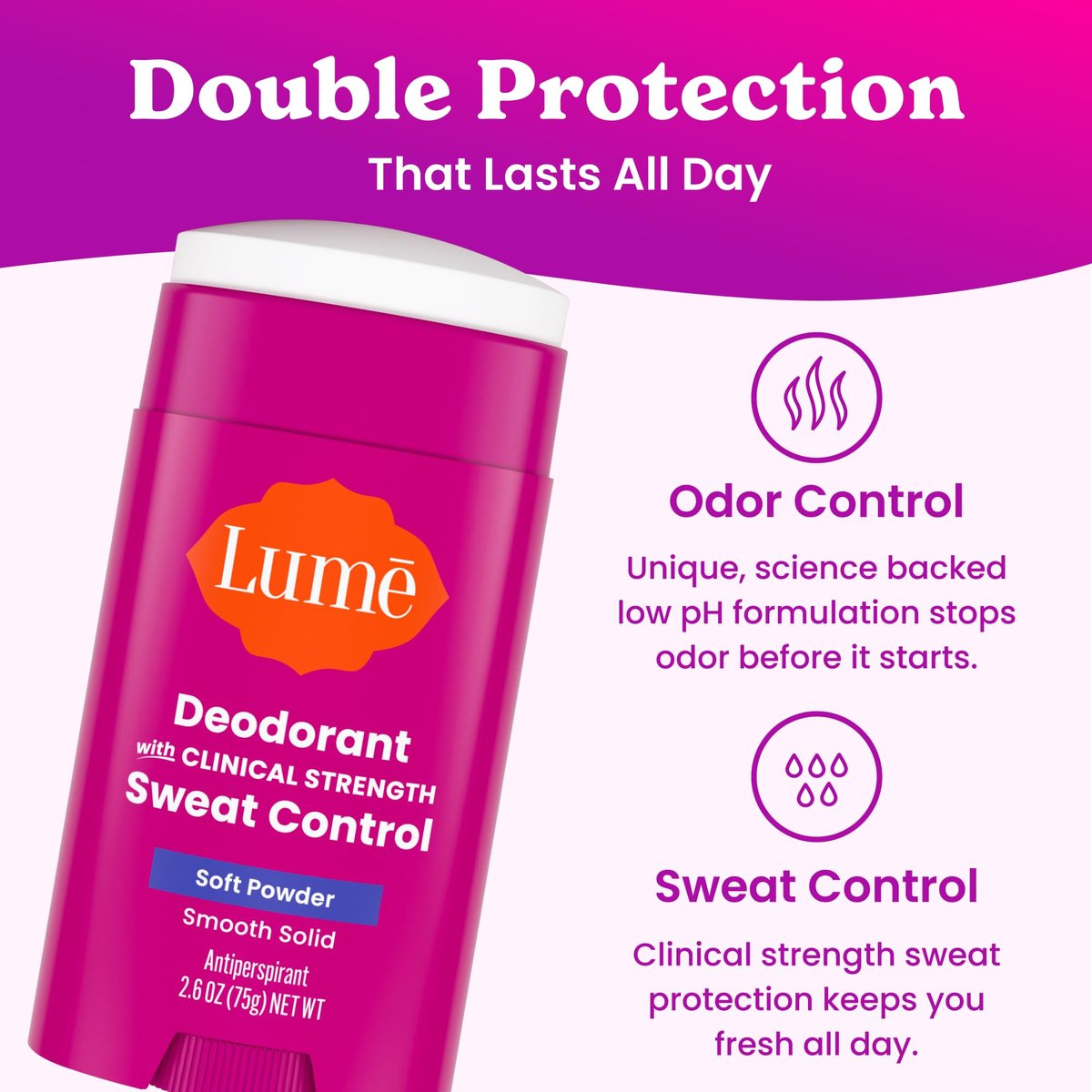 Lume Deodorant Plus Sweat Control Extra Strength Antiperspirant for Women - Smooth Solid Stick, Baking Soda Free, Soft Powder, 72 Hour Odor & Sweat Control (2 Pack, 1.55 oz each) - görsel 7