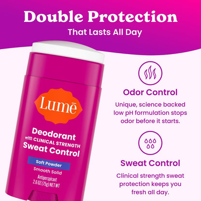 Lume Deodorant Plus Sweat Control Extra Strength Antiperspirant for Women - Smooth Solid Stick, Baking Soda Free, Soft Powder, 72 Hour Odor & Sweat Control (2 Pack, 1.55 oz each)