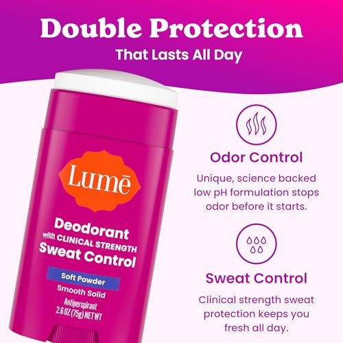Lume Deodorant Plus Sweat Control Extra Strength Antiperspirant for Women - Smooth Solid Stick, Baking Soda Free, Soft Powder, 72 Hour Odor & Sweat Control (2 Pack, 1.55 oz each) - görsel 8