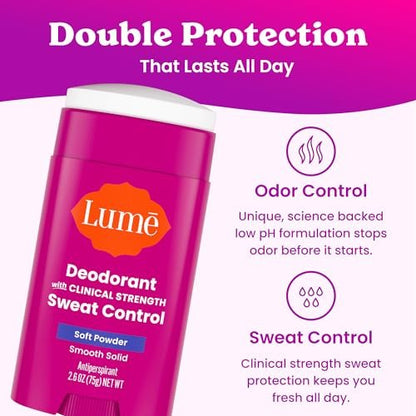 Lume Deodorant Plus Sweat Control Extra Strength Antiperspirant for Women - Smooth Solid Stick, Baking Soda Free, Soft Powder, 72 Hour Odor & Sweat Control (2 Pack, 1.55 oz each)