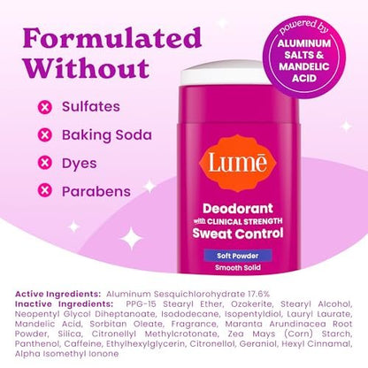 Lume Deodorant Plus Sweat Control Extra Strength Antiperspirant for Women - Smooth Solid Stick, Baking Soda Free, Soft Powder, 72 Hour Odor & Sweat Control (2 Pack, 1.55 oz each)