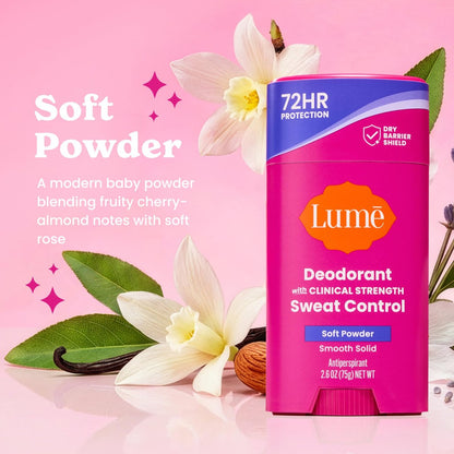 Lume Deodorant Plus Sweat Control Extra Strength Antiperspirant for Women - Smooth Solid Stick, Baking Soda Free, Soft Powder, 72 Hour Odor & Sweat Control (2 Pack, 1.55 oz each)