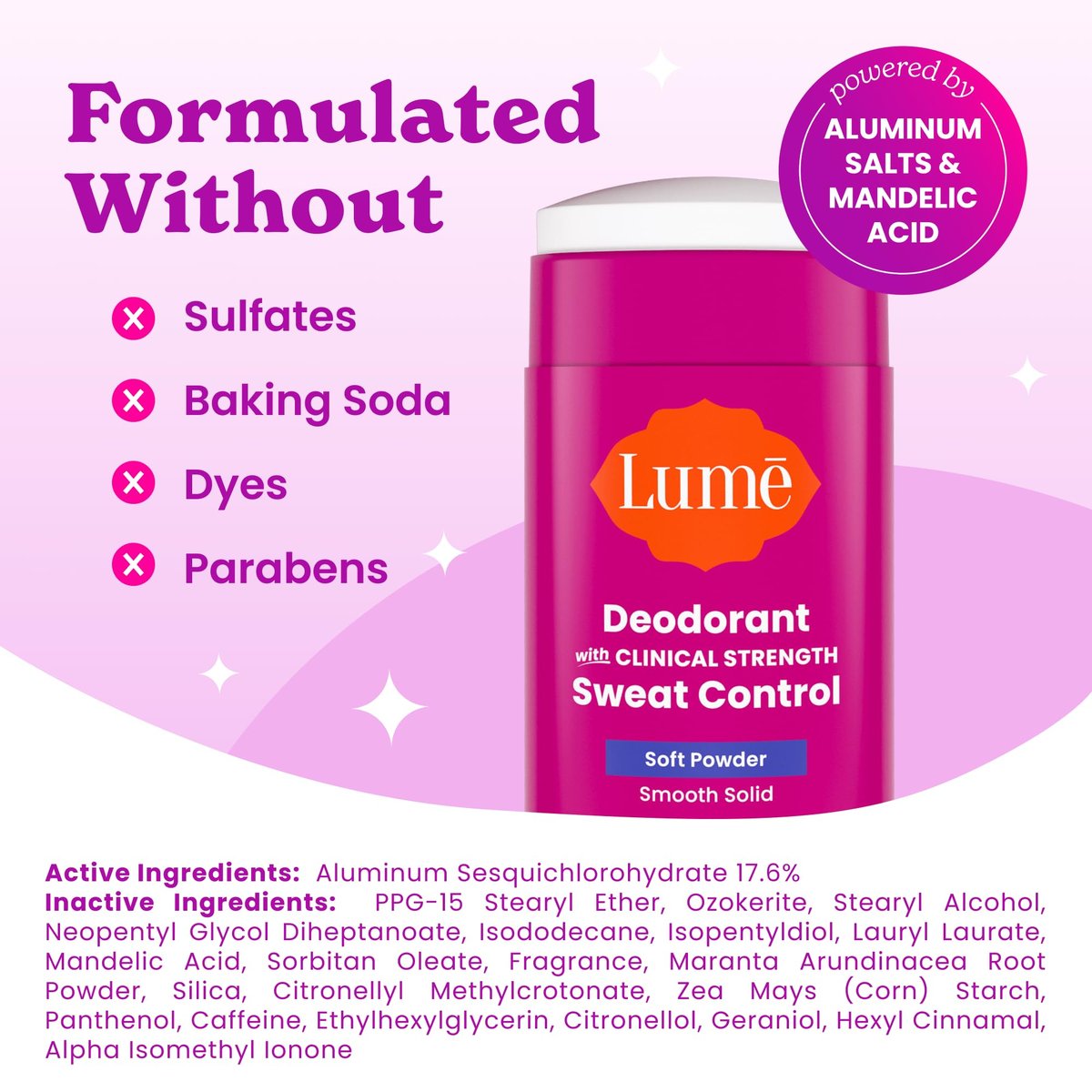 Lume Deodorant Plus Sweat Control Extra Strength Antiperspirant for Women - Smooth Solid Stick, Baking Soda Free, Soft Powder, 72 Hour Odor & Sweat Control (2 Pack, 1.55 oz each) - görsel 9