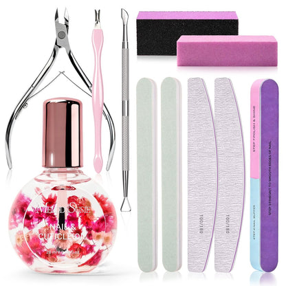 MelodySusie 11-Piece Manicure Tools Kit – Nail Care Set with Files, Buffer Blocks, Cuticle Nipper, Pusher & Rose Cuticle Oil 28ML for DIY Nail Manicure