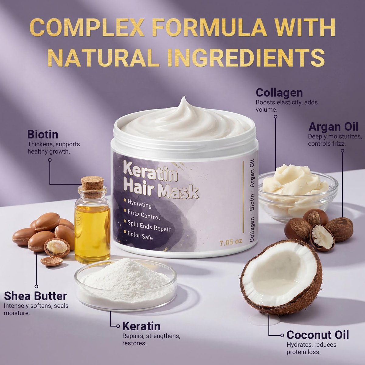Keratin Hair Mask for Dry Damaged Hair – Deep Conditioning Repair Treatment with Argan Oil, Collagen & Biotin – Hydrating, Frizz Control, Split Ends Repair, Color Safe – Sulfate Free, 7.05 oz - görsel 7