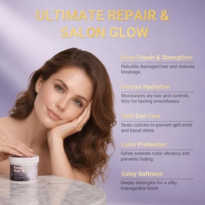 Keratin Hair Mask for Dry Damaged Hair – Deep Conditioning Repair Treatment with Argan Oil, Collagen & Biotin – Hydrating, Frizz Control, Split Ends Repair, Color Safe – Sulfate Free, 7.05 oz