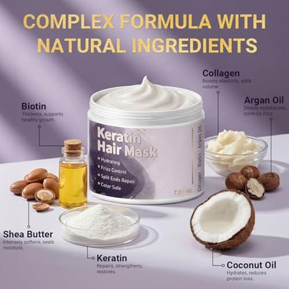 Keratin Hair Mask for Dry Damaged Hair – Deep Conditioning Repair Treatment with Argan Oil, Collagen & Biotin – Hydrating, Frizz Control, Split Ends Repair, Color Safe – Sulfate Free, 7.05 oz