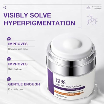 12% Azelaic Acid Cream for Face - Acne Treatment & Post-Acne Scar Fading, Regulates Sebum, Oily & Acne-Prone Skin Care, 1.69 oz