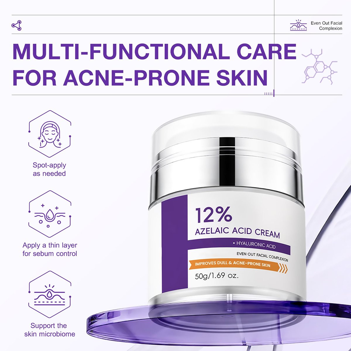 12% Azelaic Acid Cream for Face - Acne Treatment & Post-Acne Scar Fading, Regulates Sebum, Oily & Acne-Prone Skin Care, 1.69 oz - görsel 3
