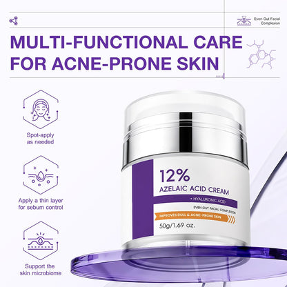 12% Azelaic Acid Cream for Face - Acne Treatment & Post-Acne Scar Fading, Regulates Sebum, Oily & Acne-Prone Skin Care, 1.69 oz